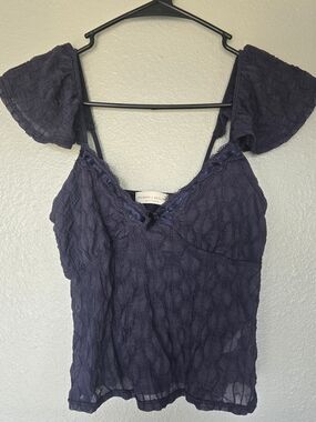 Sheer Navy Tank, XS, Lace Detail, Bow, Flutter Sleeve, Fairy, Whimsy Goth
